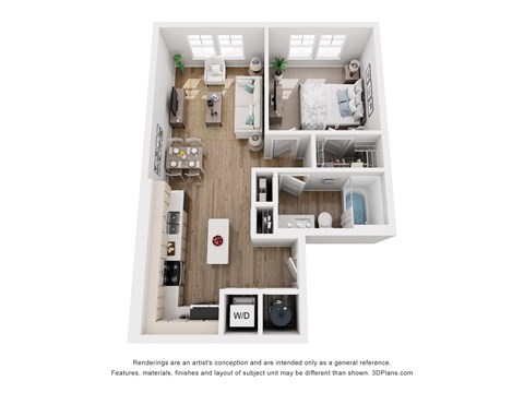 Floor plan for 1 bed, 1 bath, 843 sqft